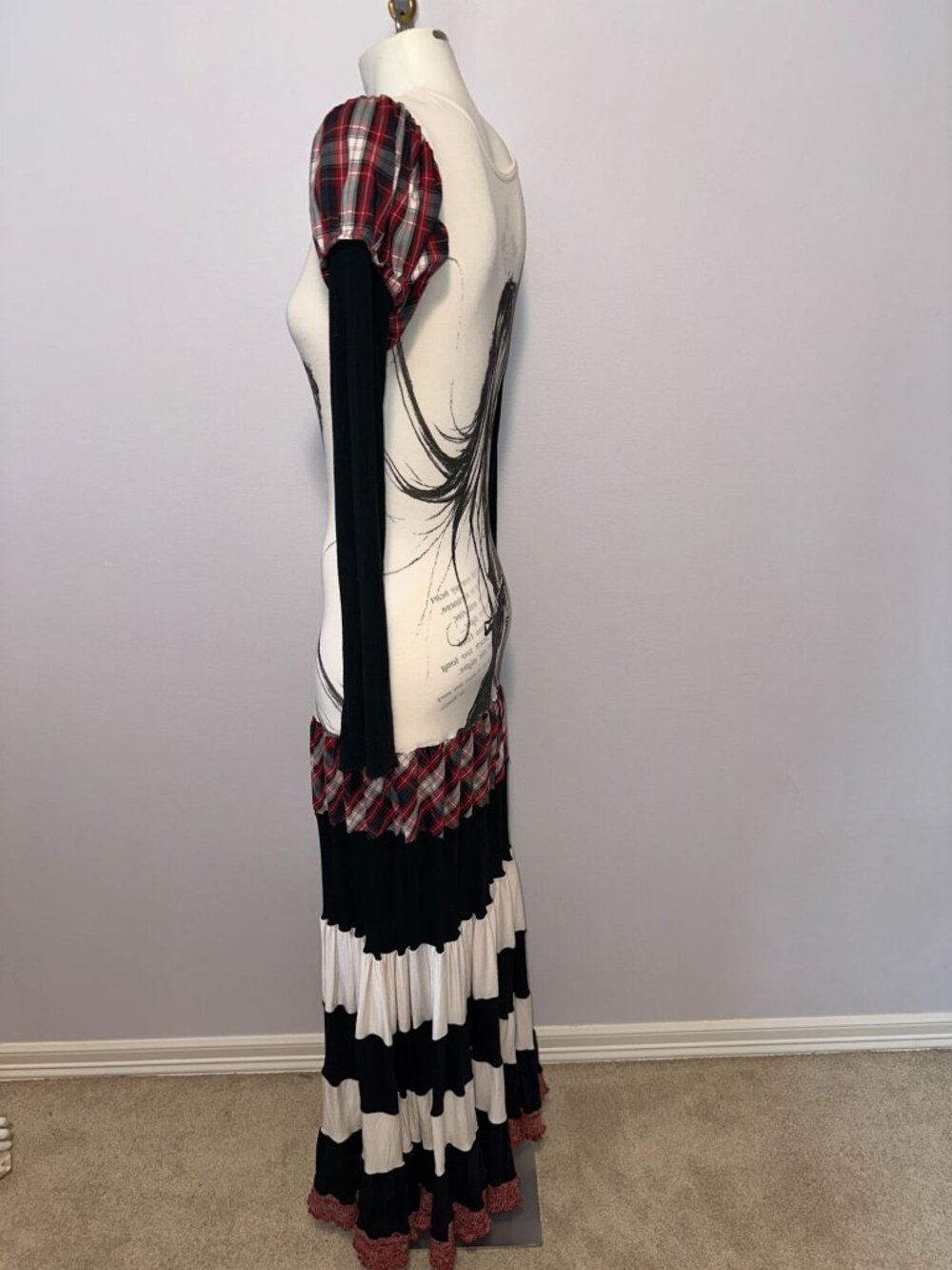 Nuvula Drop Waist Maxi Dress Medium Striped Plaid Dark Cabaret Goth Cello Art - Picture 5 of 10